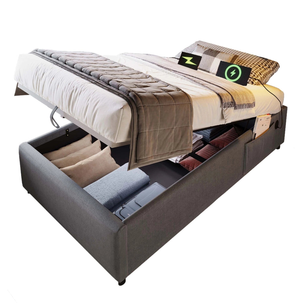 Letto contenitore singolo 90x200 cm con USB e USB C; cotone e lino grigio