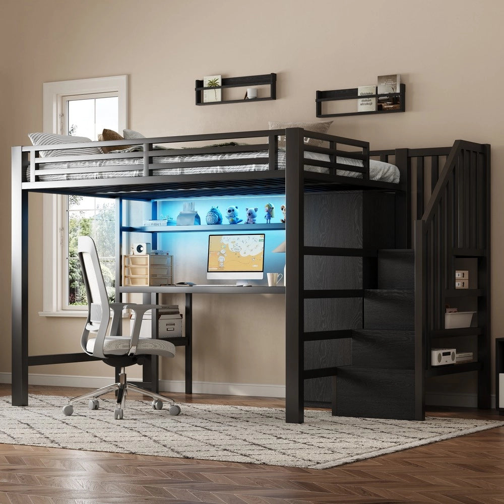 Letto a Soppalco con Scrivania, Libreria e Armadio ¨C MINIMAL ¨C Metallo Nero 140x200