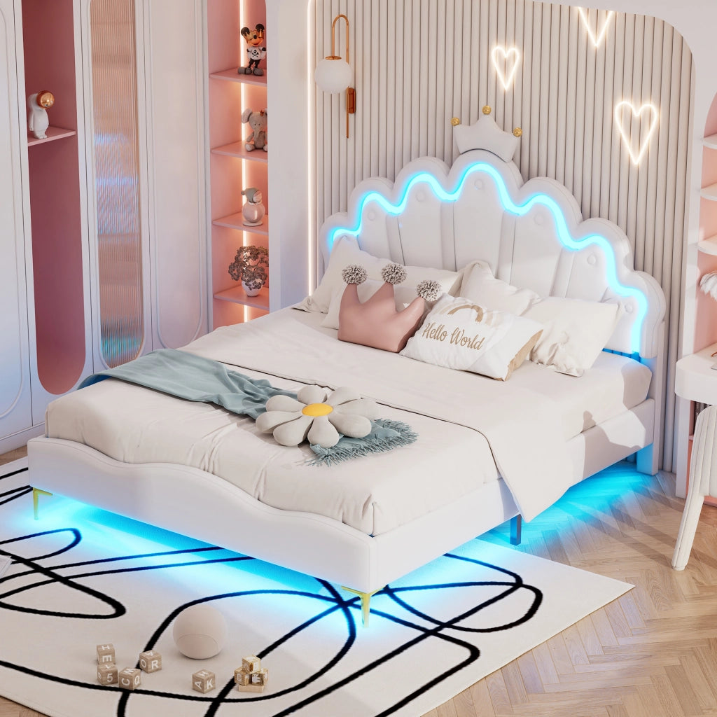 Crown Shape Princess Double Bed 140x200cm con strisce LED in PU bianca