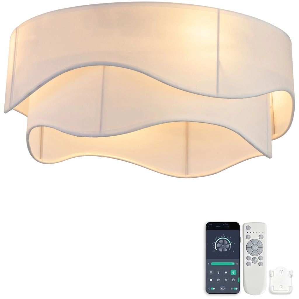 Ventilatore da soffitto con luce; controllo via app e telecomando; tessuto e plastica oro e bianco
