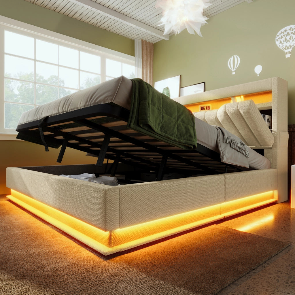 Letto matrimoniale imbottito; 160x200cm; con testiera di riporto; USB C e LED; beige