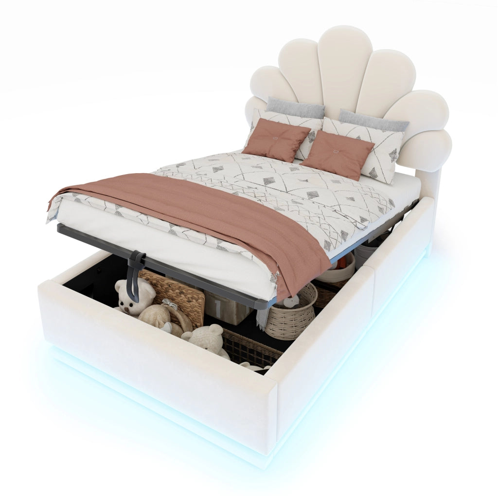 Letto imbottito 90x200 cm con contenitore idraulico e LED in velluto beige
