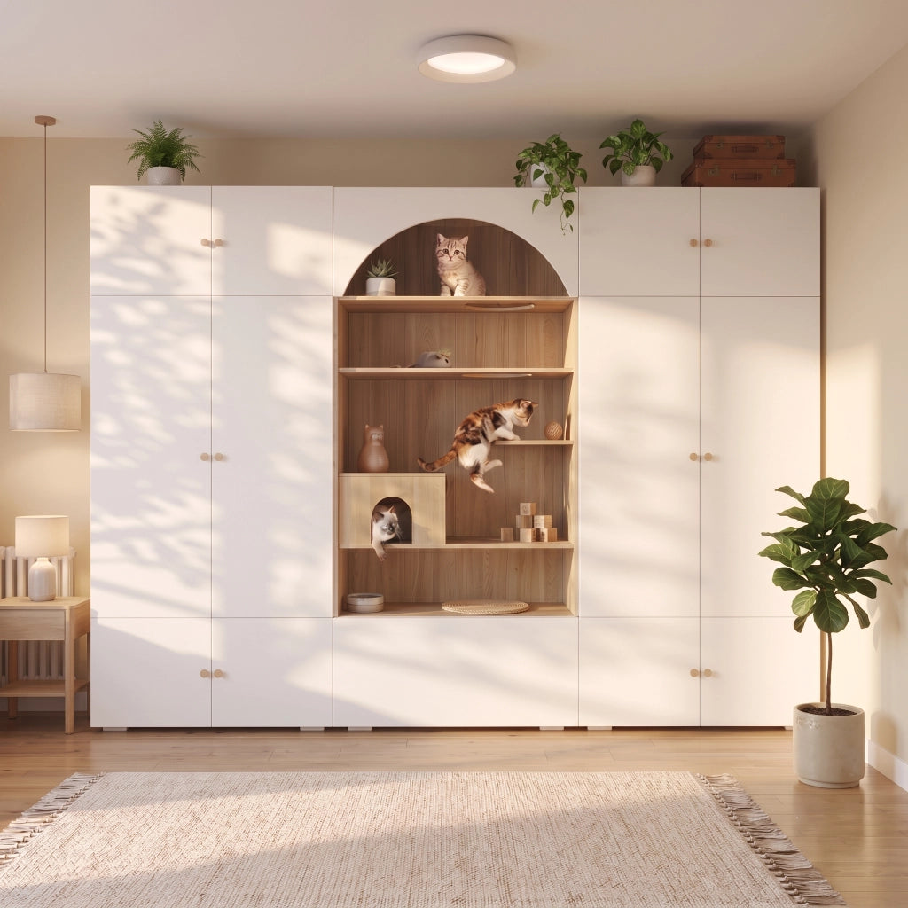 Armadio 270 x 50 x 200 cm con spazio per animali; parete da arrampicata per gatti; cuscino per animali; 1 asta appendiabiti; bianco/effetto legno