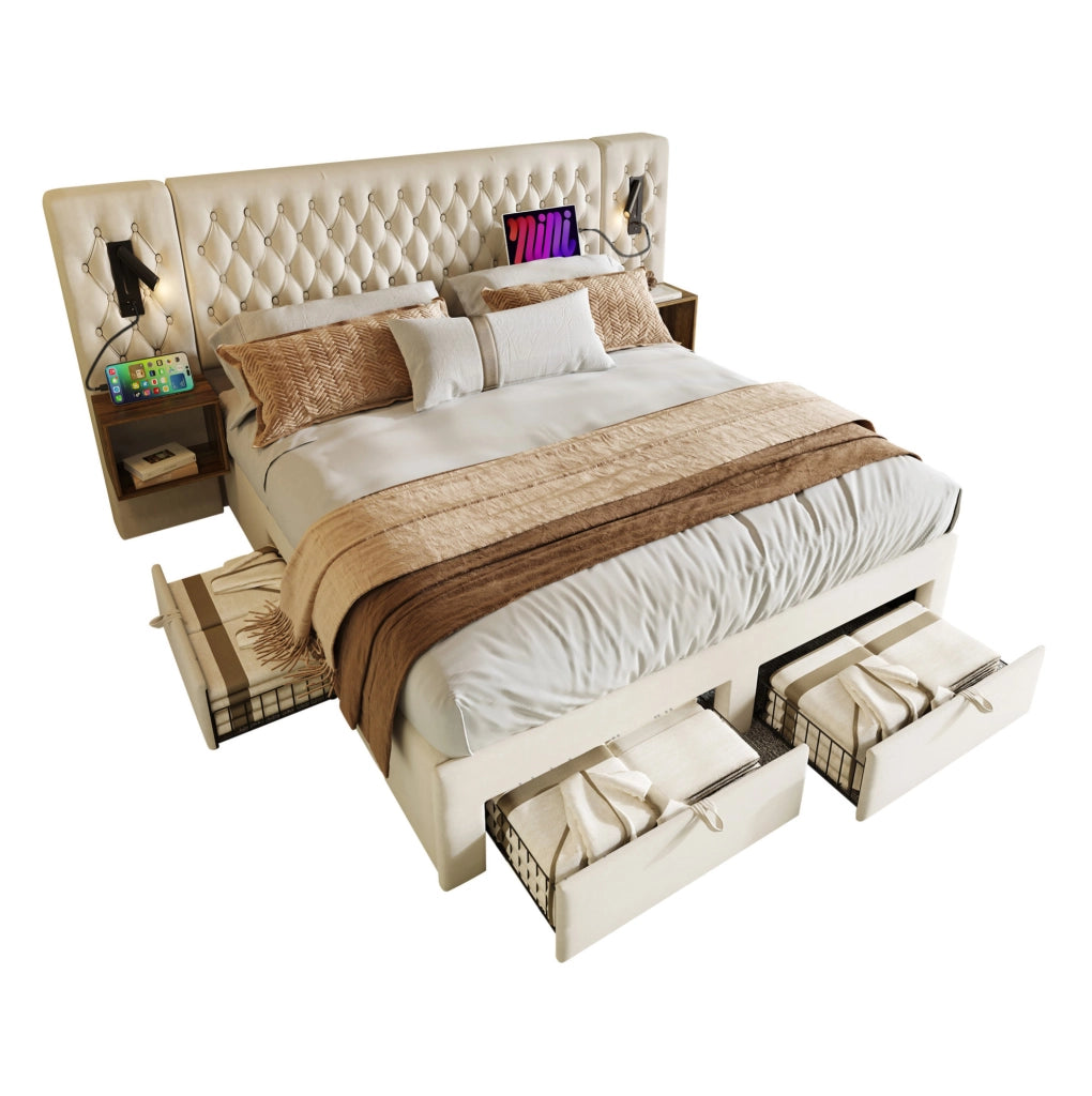 Letto matrimoniale 180x200 cm con comodini, 4 cassetti, luci LED e USB-C beige