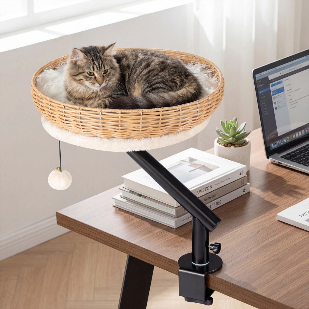 Letto per gatti da scrivania girevole 360¡ã cuccia per gatti in rattan pe, Cuccia salvaspazio amaca con morsetto per ufficio e casa Bianco