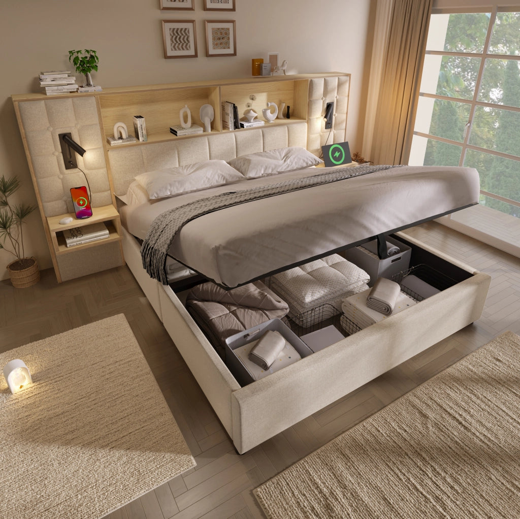 Letto contenitore 160 × 200 cm beige in lino con comodini; luci da lettura e USB/Type-C