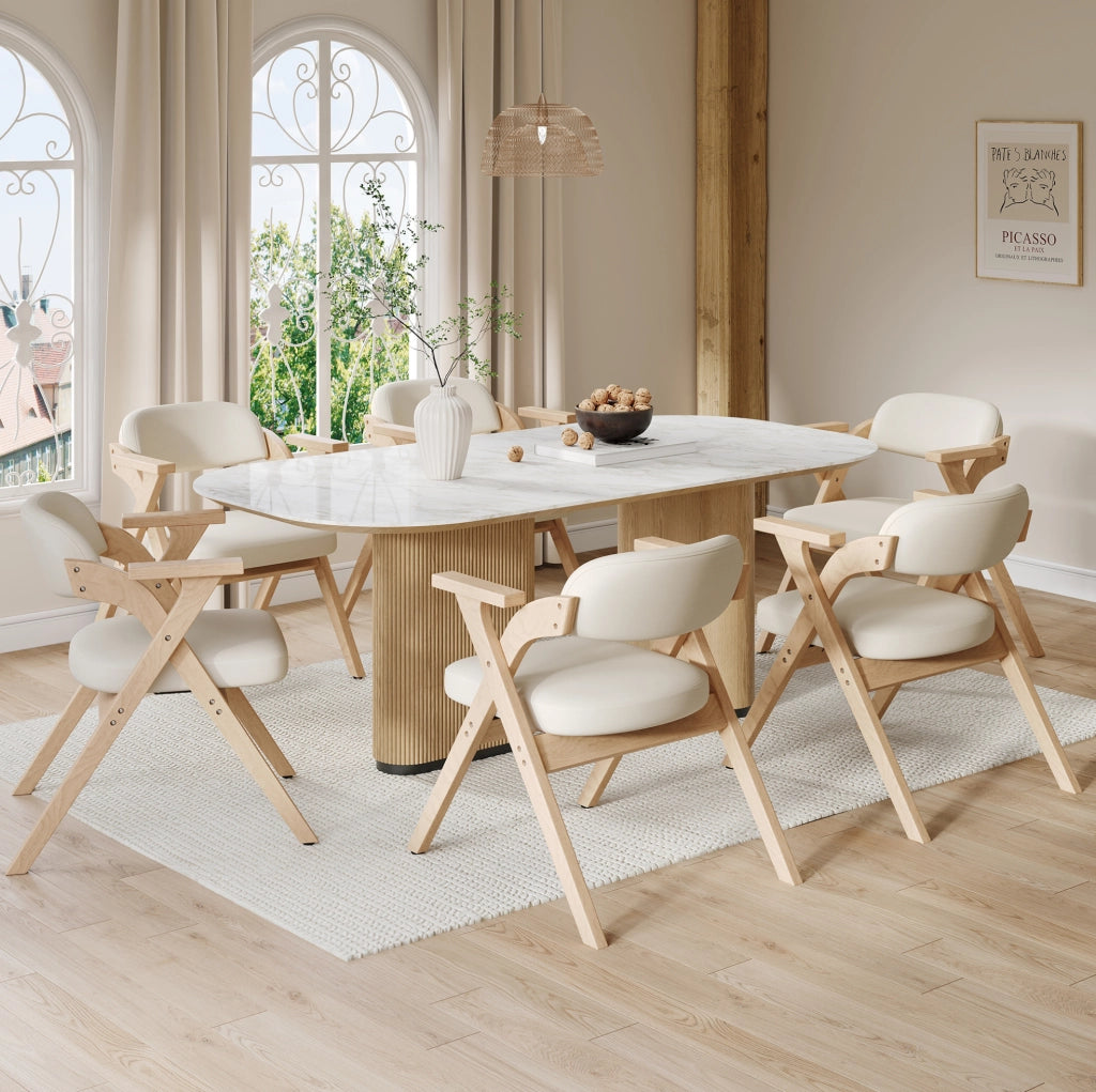 SEDIA Pieghevole in legno massello e lino beige con braccioli Set da 4 pezzi
