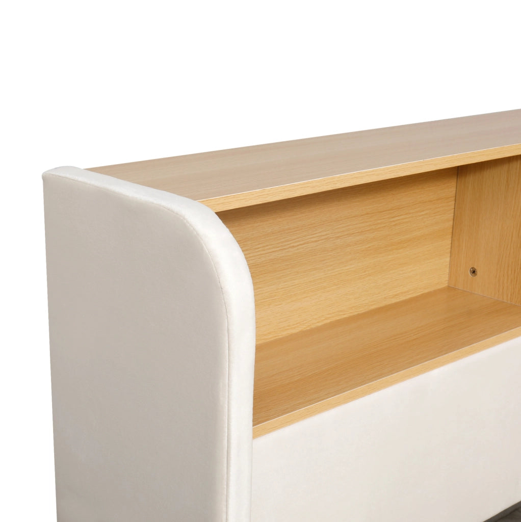 Letto imbottito con contenitore idraulico; LED; USB e Type-C; velluto beige
