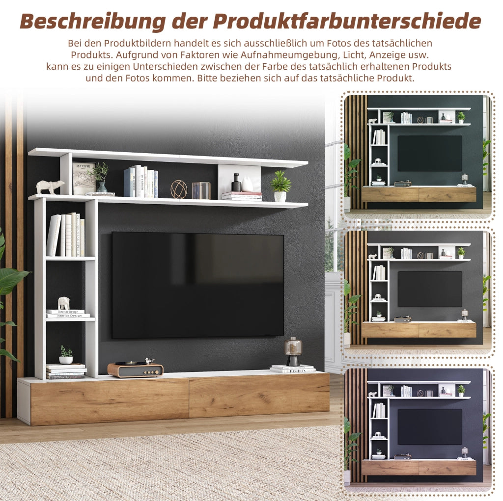 Set mobile TV con 2 ante e vani aperti; 180 cm; bianco e rovere