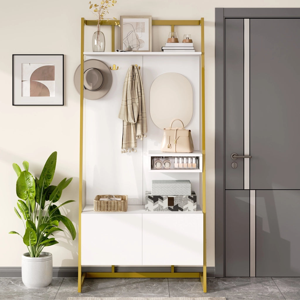 Ensemble de meubles de salon armadio da ingresso con specchio, ganci e ripiani, in MDF bianco
