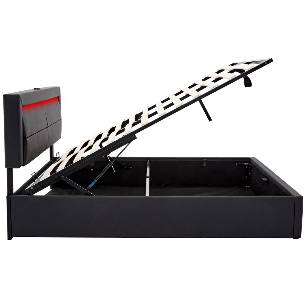 Letto imbottito nero 160 x 200 cm con USB, LED e vano contenitore