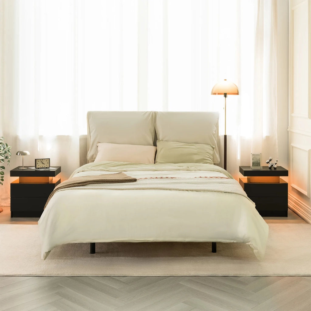 Comodino Moderno Nero con 2 Cassetti e Luci LED Integrati per Camera da Letto