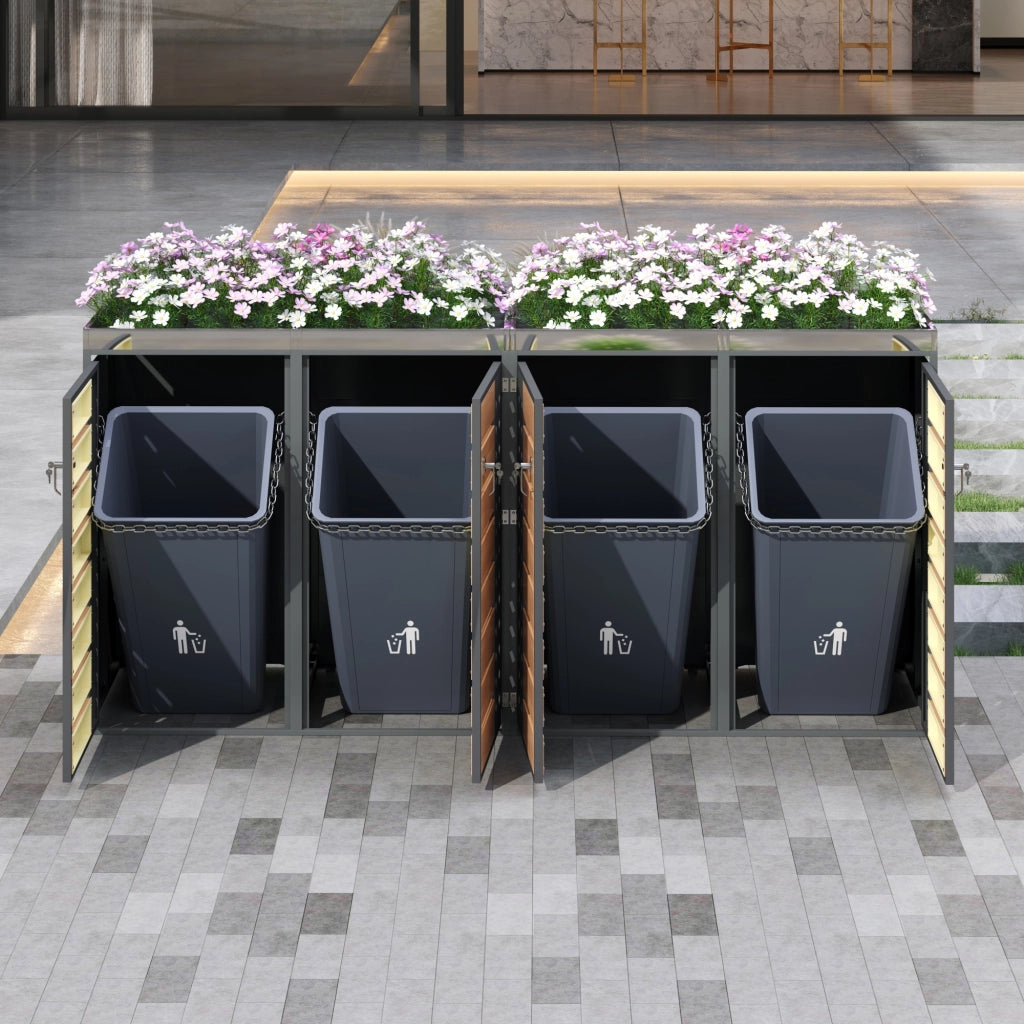 Box portabidoni a quattro scomparti con fioriera integrata in acciaio zincato grigio effetto legno con serrature