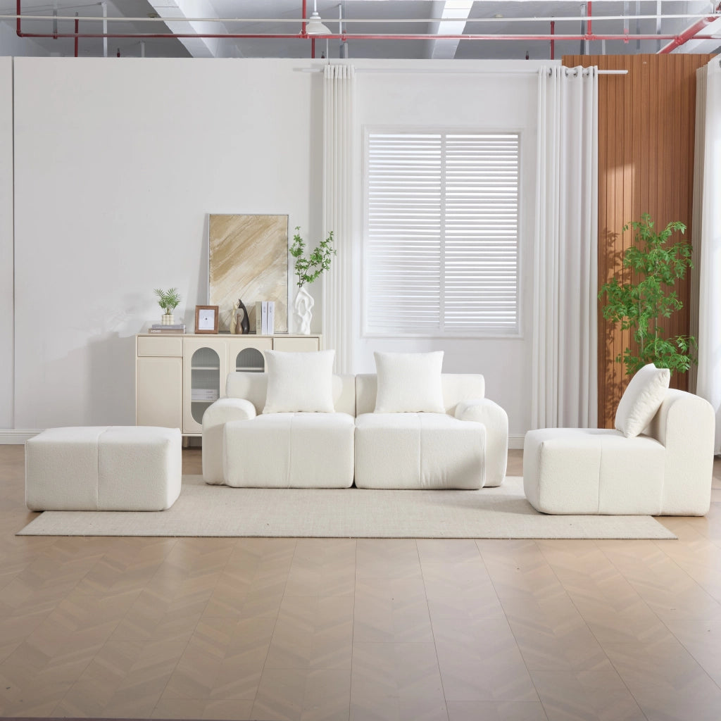 Divano modulare angolare 3 posti con 4 moduli combinabili in tessuto di velluto a coste e memory foam avorio