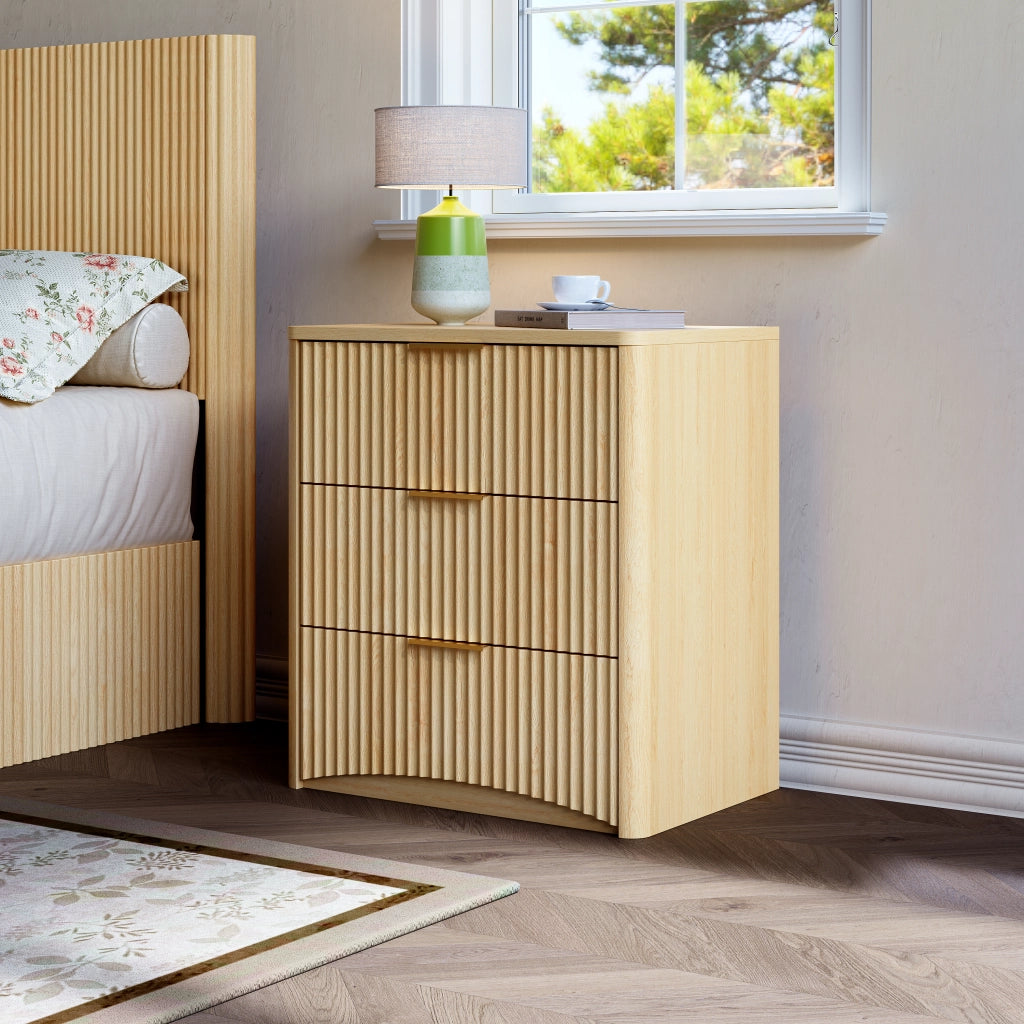 Comodino con 3 cassetti e guide ammortizzate per camera da letto; in MDF; rovere