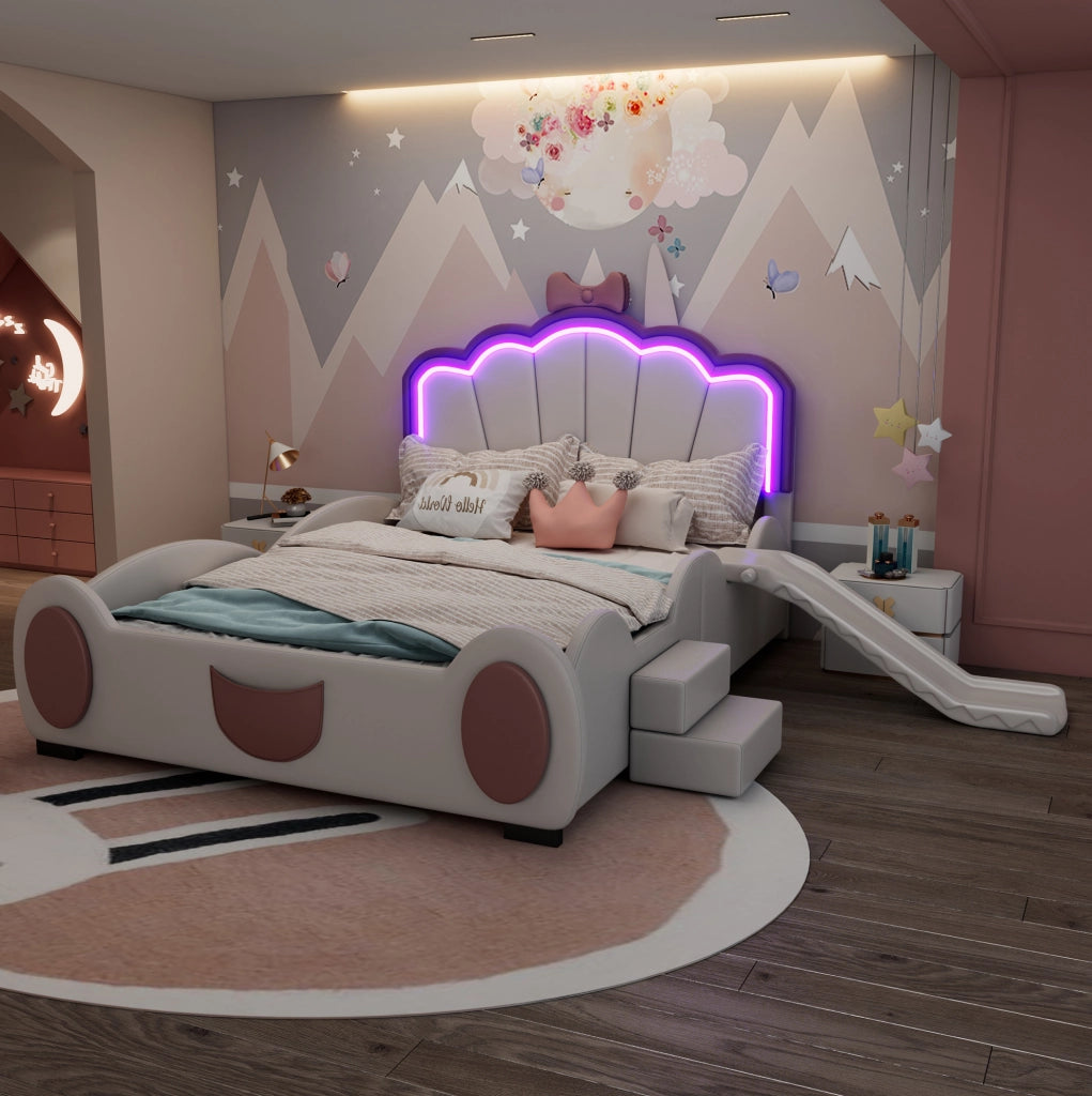 Letto per bambini 140x200 cm a farfalla rosa e bianco con LED, scala e scivolo
