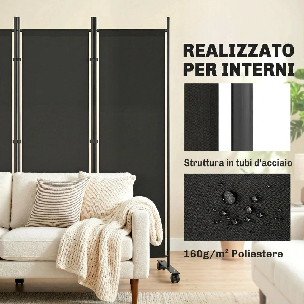 Divisorio Decorativo 5 Pannelli ¨C Xylo ¨C Acciaio Nero con Ruote