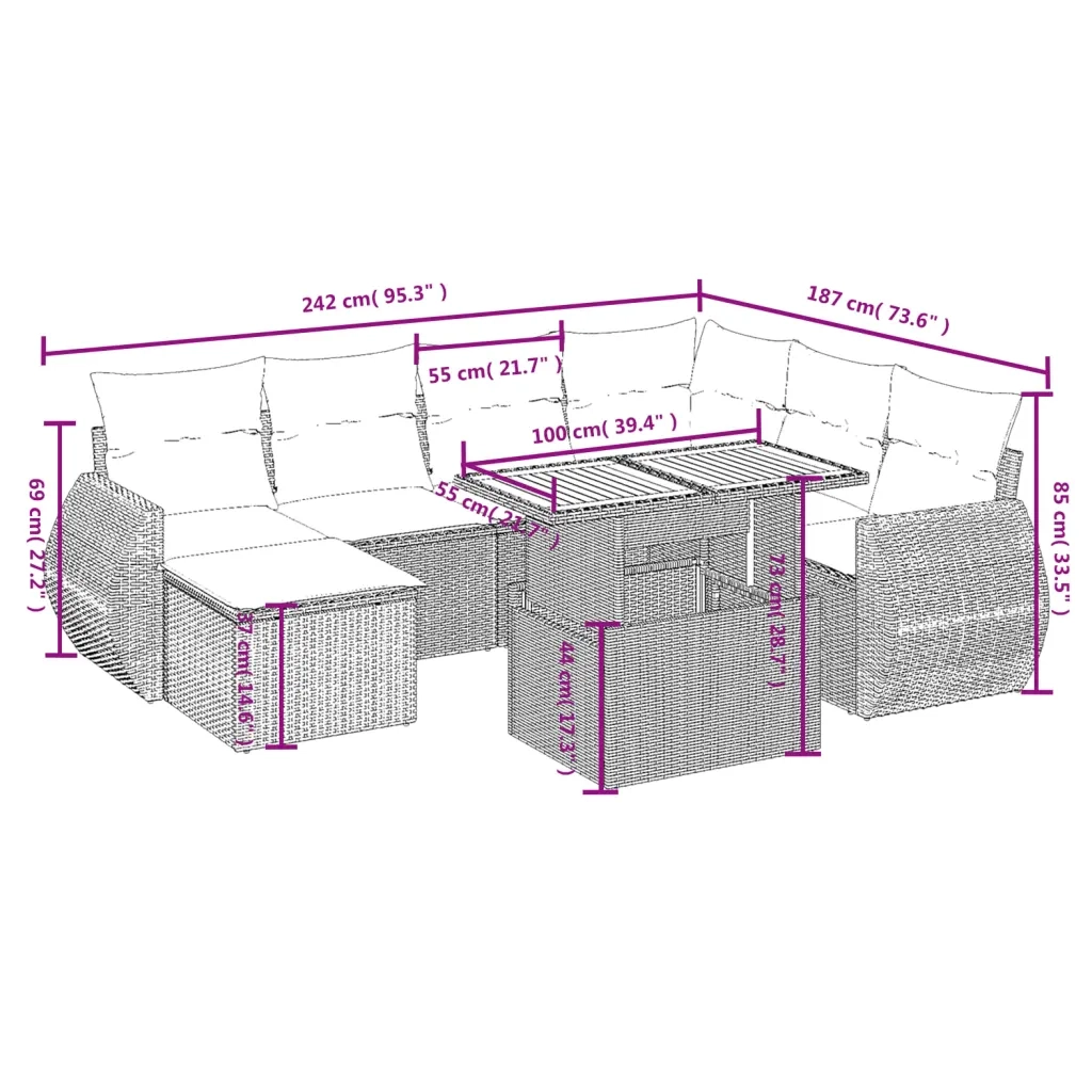 Set Divani da Giardino con Cuscini 8 pz Nero in Polyrattan