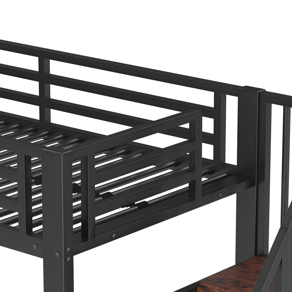 Letto a soppalco 90x200 cm con LED, scaffali e scala in metallo e MDF nero