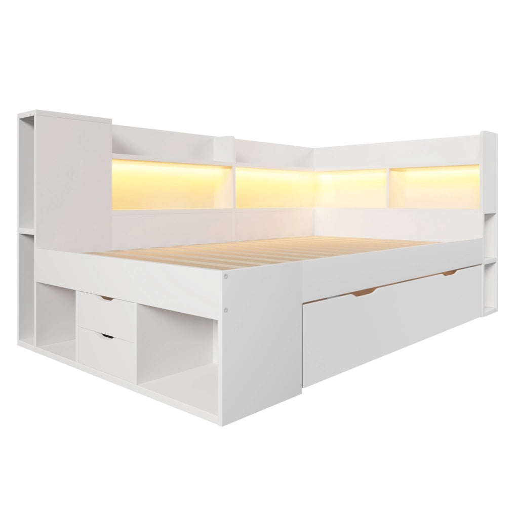 Letto singolo 90x200 cm bianco con LED, USB/Type-C, cassetti e ripiani