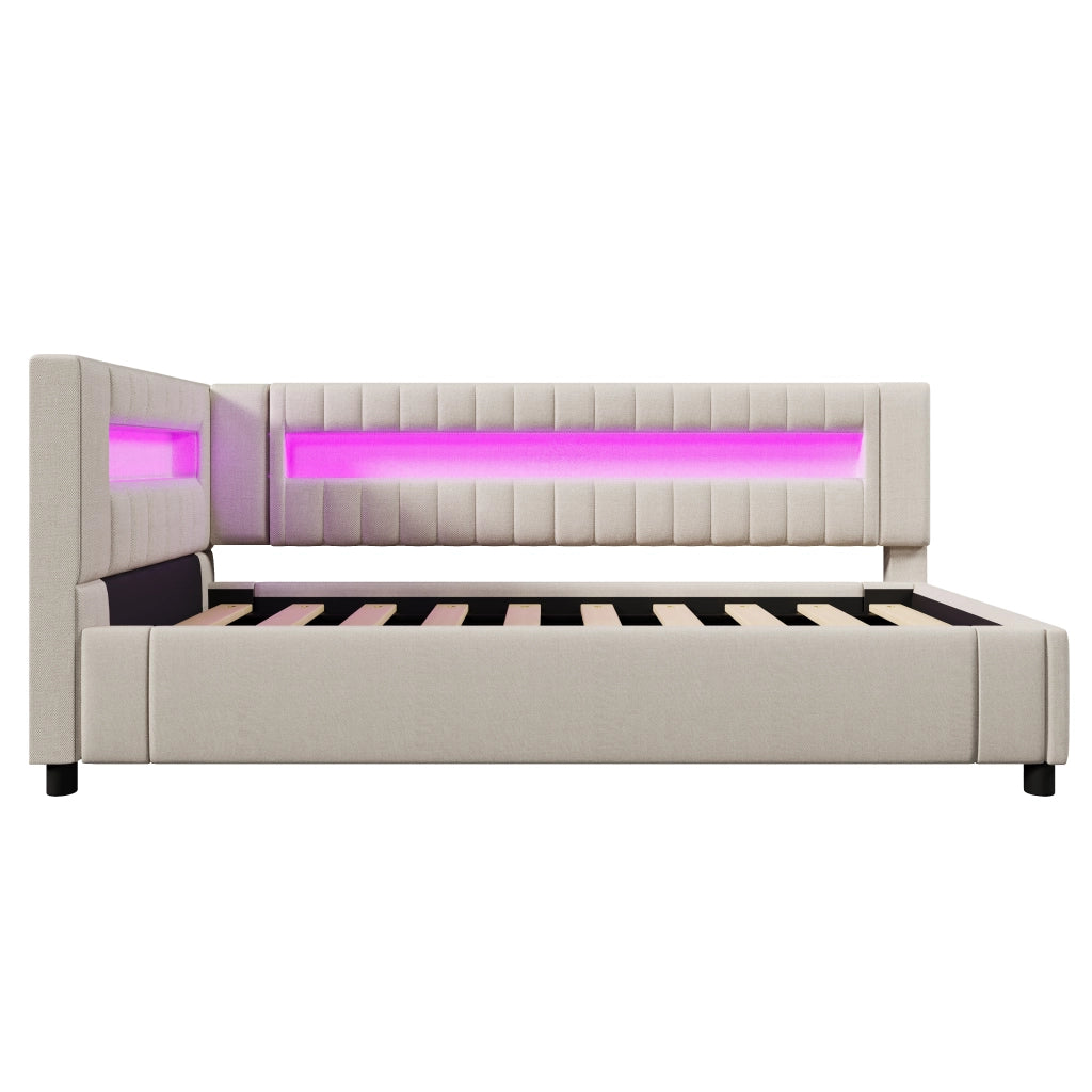 Daybed in lino beige 90x200 con LED; sollevamento idraulico; USB/Type-C; senza materasso