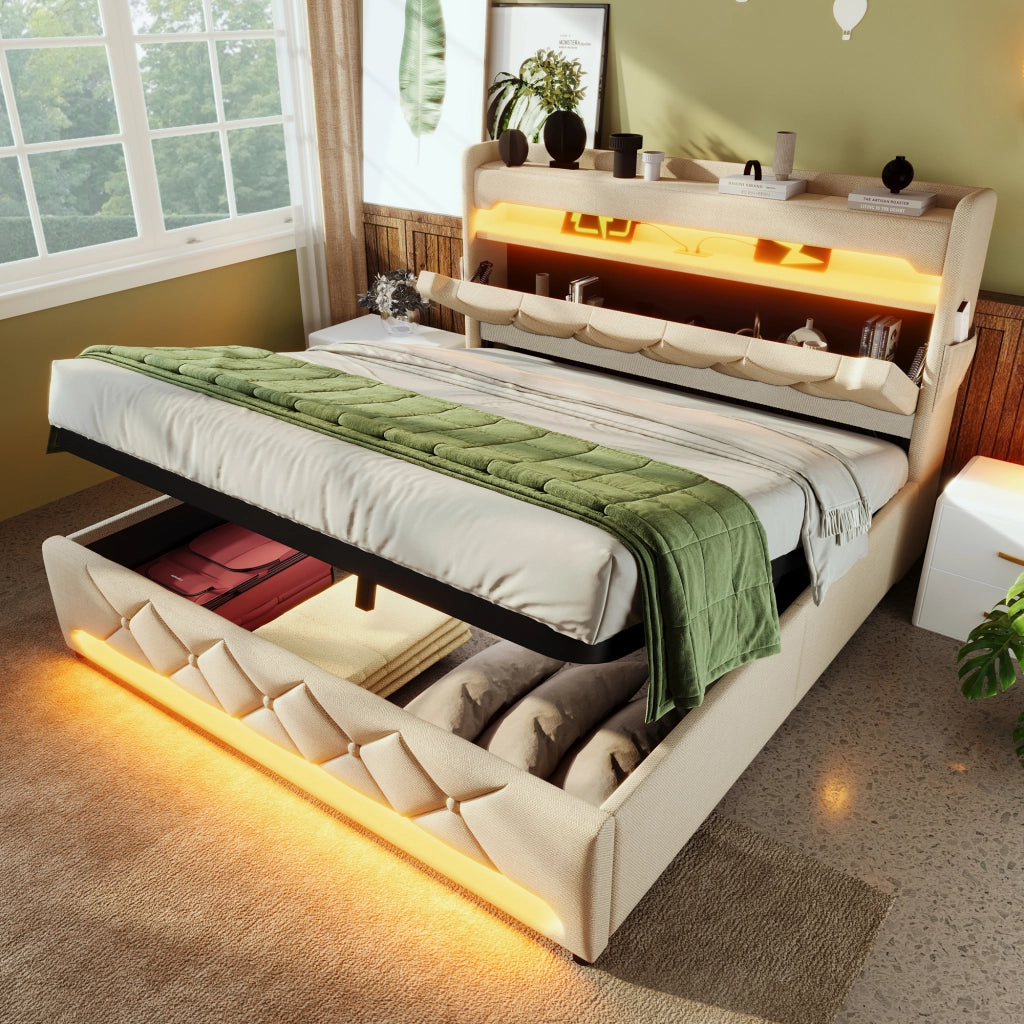 Letto matrimoniale 140 × 200 cm con materasso contenitore LED USB tipo C lino beige con testiera e rete a doghe