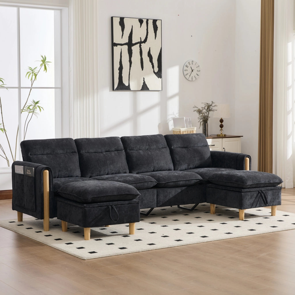 Divano 4 posti 261x77x86 cm in ciniglia nera con 2 pouf contenitore