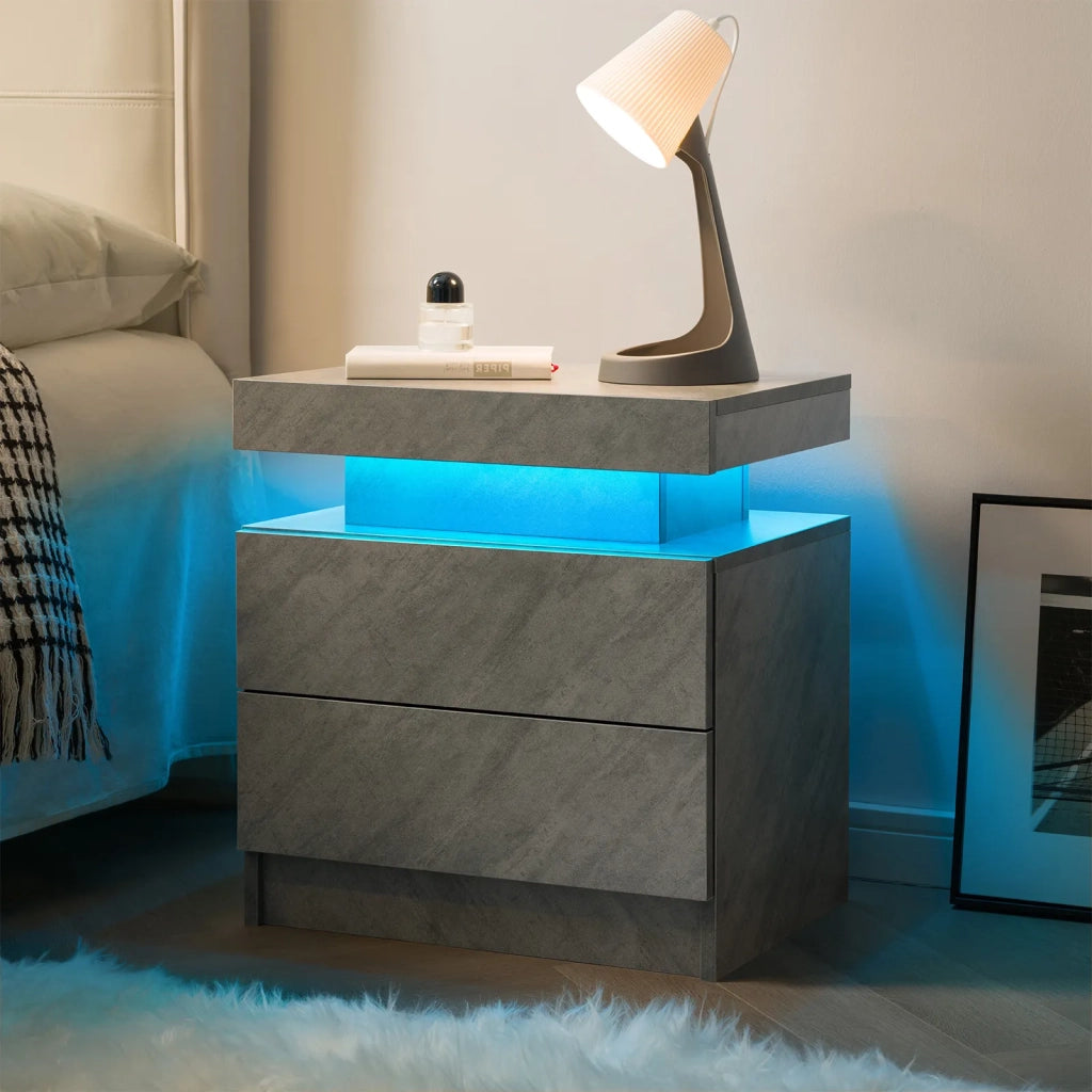 Comodino moderno con 2 cassetti e luci LED integrate, grigio scuro