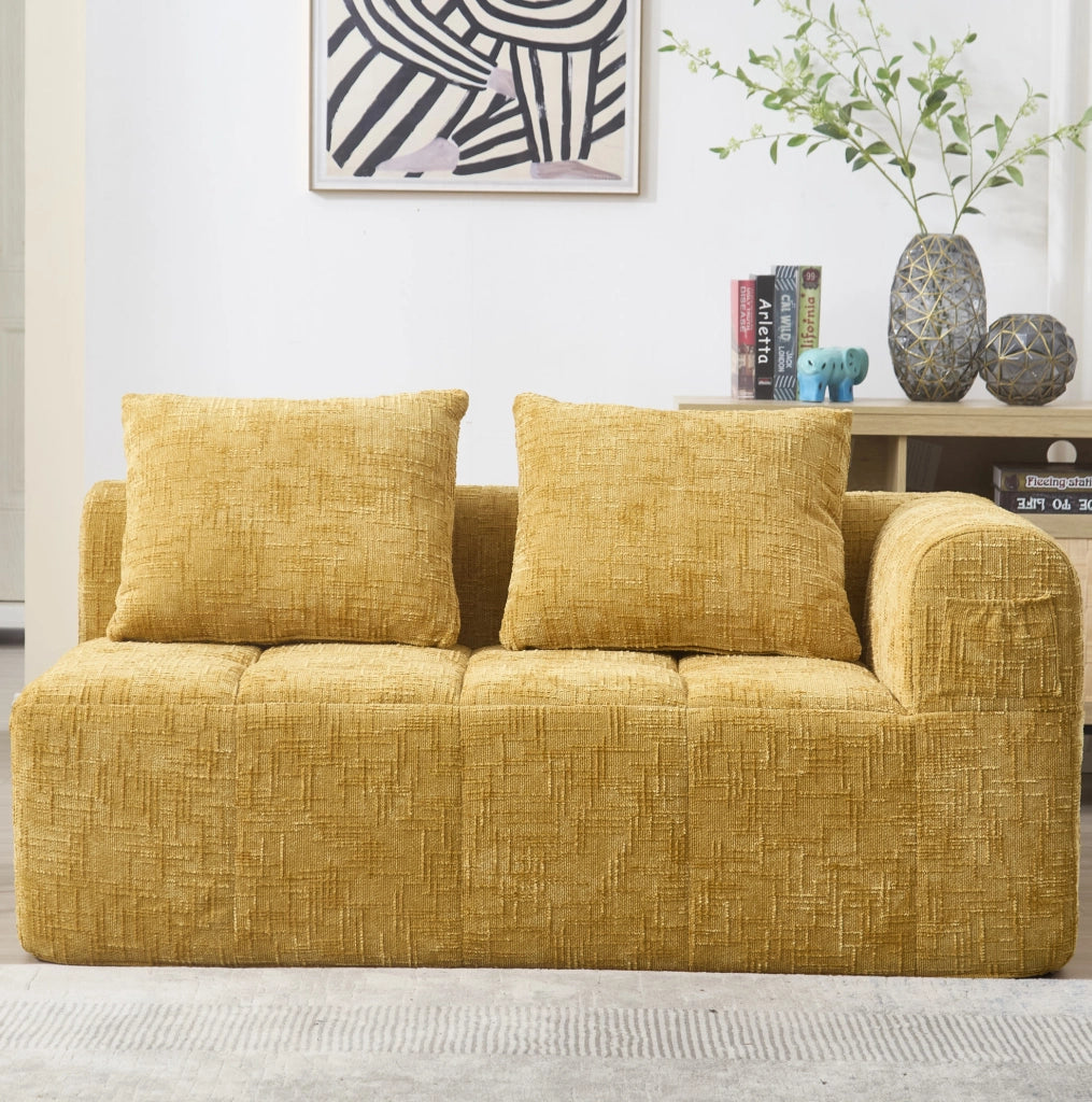 Divano chaise longue 158x90x60 cm con tasche laterali e cuscino in chenille giallo