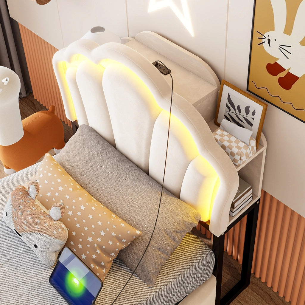 Letto imbottito 90x200 cm in velluto beige con contenitore idraulico, LED e prese integrate
