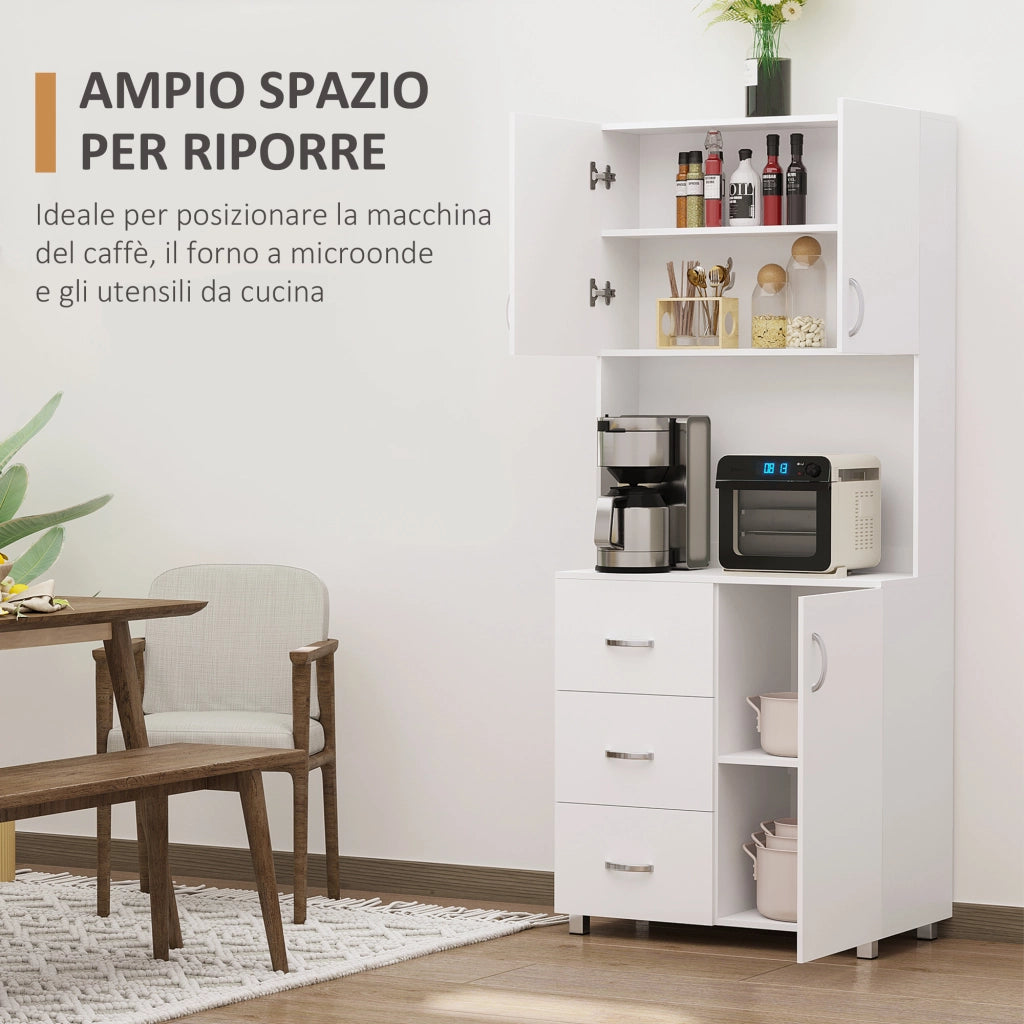 Credenza da Cucina e Soggiorno, Credenza Moderna in Legno Bianco, 2 Armadietti, Mensole Regolabili, 1 Ripiano Aperto e 3 Cassetti, 80x39.5x183.5cm