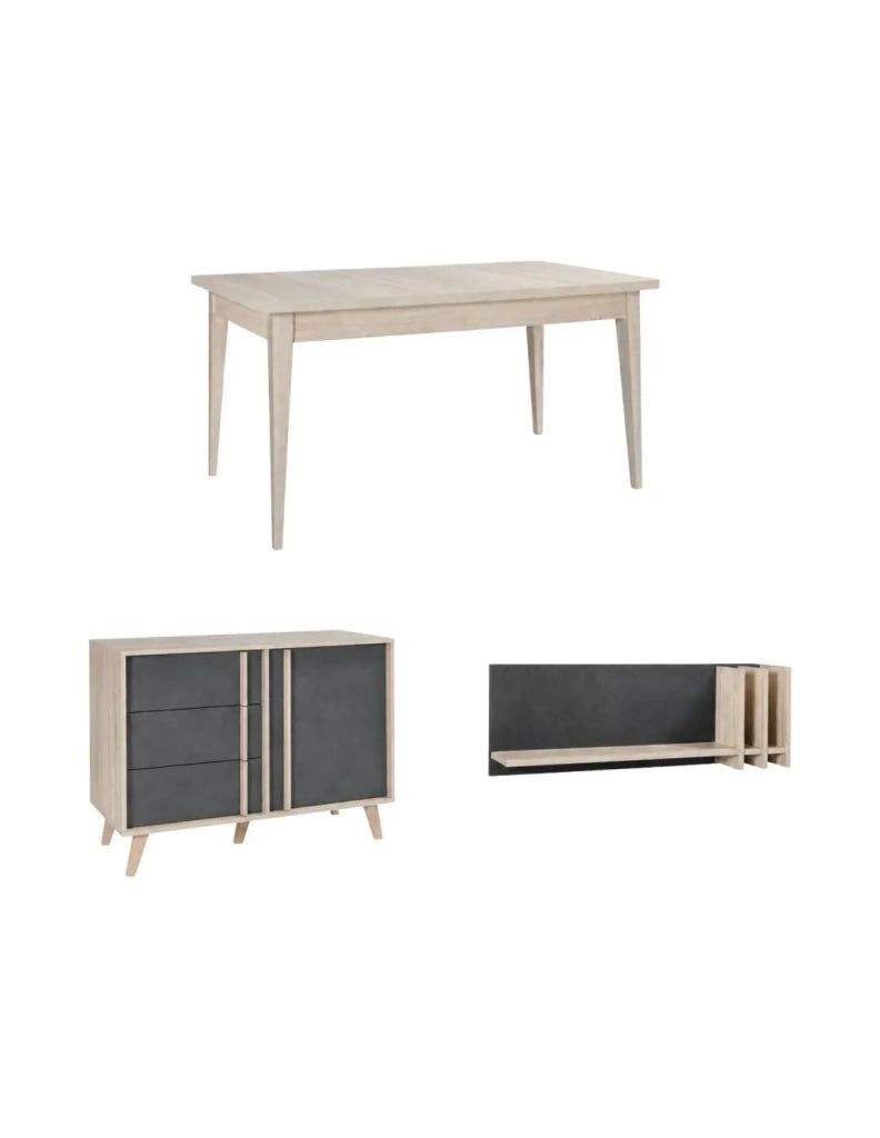 Sala da pranzo completa MALMO con tavolo 160 cm, buffet alto e scaffale a muro – Rovere chiaro e grigio
