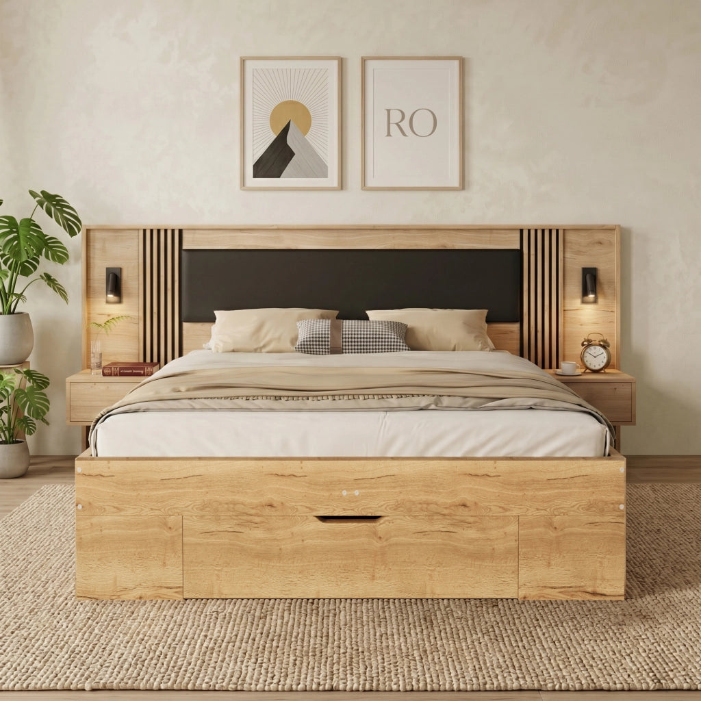 Letto matrimoniale 160 × 200 cm e 180 × 200 cm, 5 vani, 2 comodini e lampade orientabili, senza materasso, naturale
