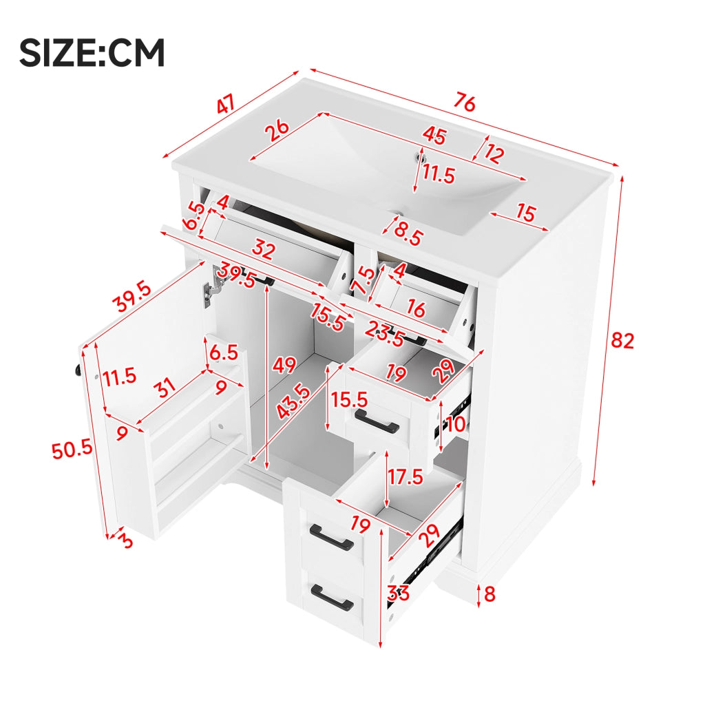 Mobile sottolavabo con 1 anta e 4 cassetti - per bagno - 76×47×82 cm - bianco