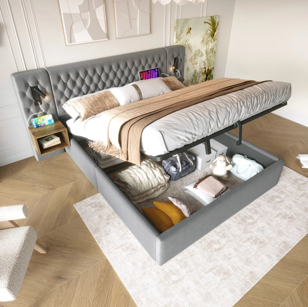Letto contenitore idraulico 160 × 200 cm con 2 comodini; luci USB/Type-C; velluto grigio