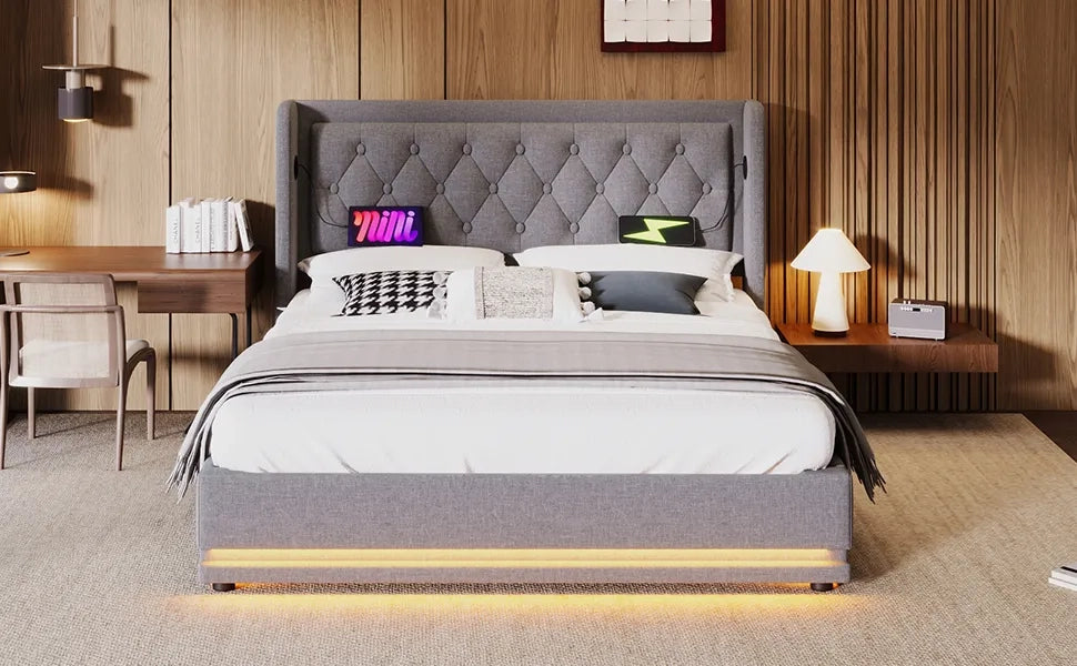 Letto matrimoniale imbottito 180x200 cm, grigio, cotone, con vano contenitore idraulico, testiera imbottita con ricarica USB-C e LED su 3 lati (senza materasso)
