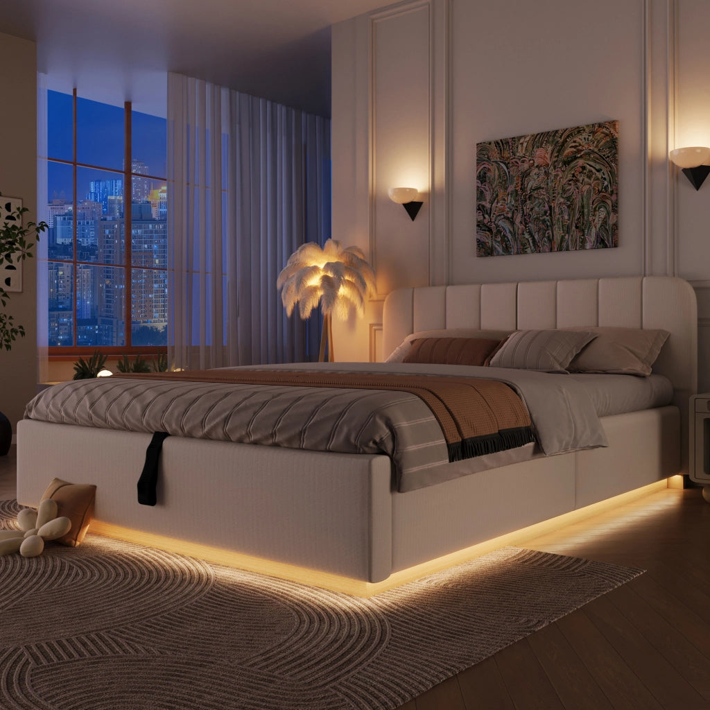 Letto contenitore imbottito in ciniglia 140 x 200 cm, letto matrimoniale con contenitore idraulico, LED, testiera trapuntata e rete a doghe, beige