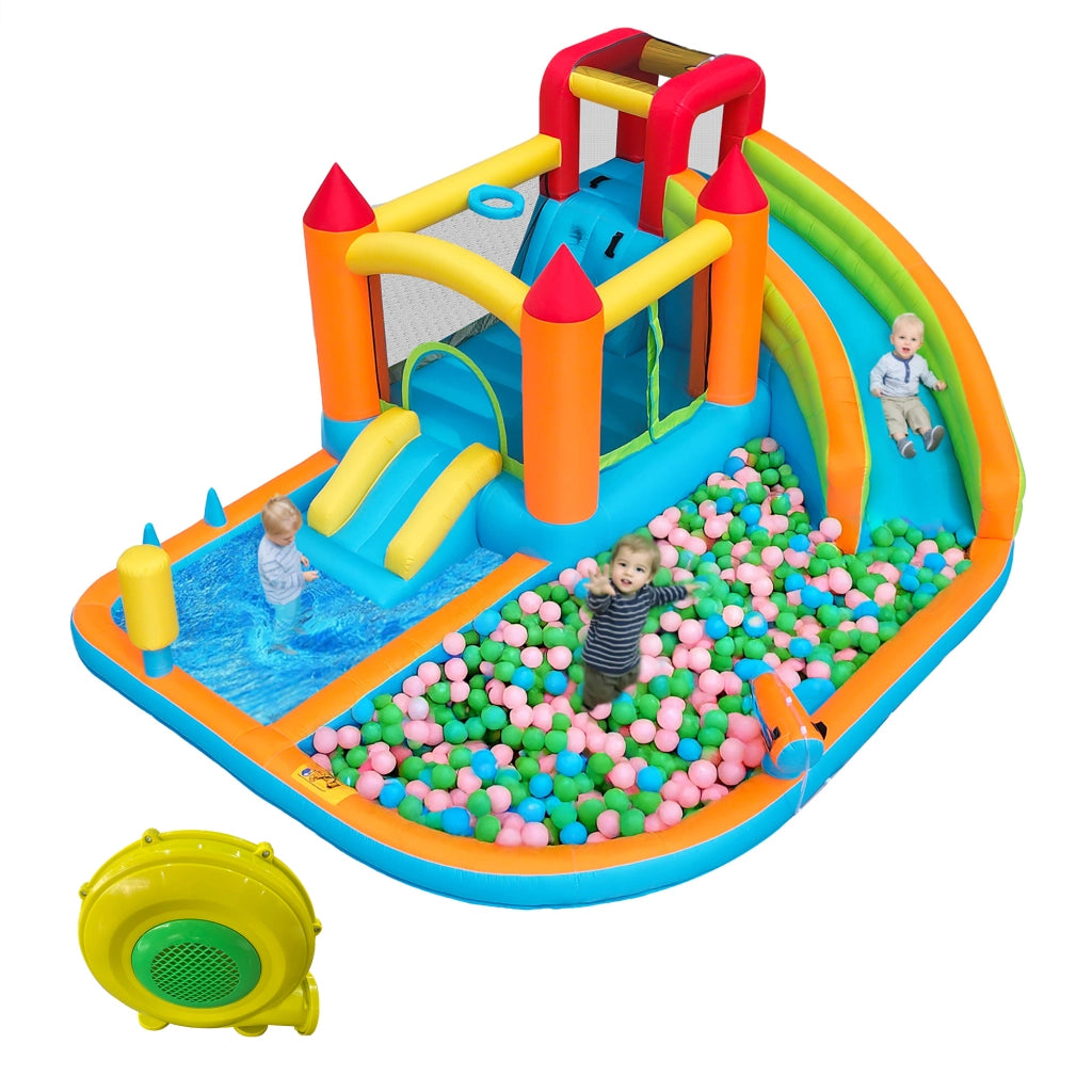 Castello Gonfiabile Multifunzione Esterno con Ventilatore, Scivolo d'Acqua, Trampolino, Canestro da Basket e Pistola ad Acqua, 2 Piscine, 1 Scivolo Grande e 1 Piccolo, per Uso Asciutto e Bagnato