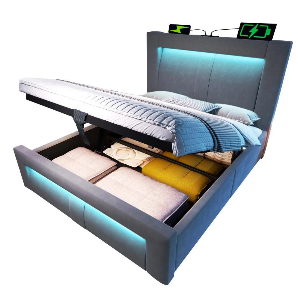 Letto singolo contenitore 90 × 200 cm con LED; USB e Type-C; velluto grigio