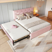Letto imbottito 140x200 cm con rete a doghe e letto estraibile, rosa