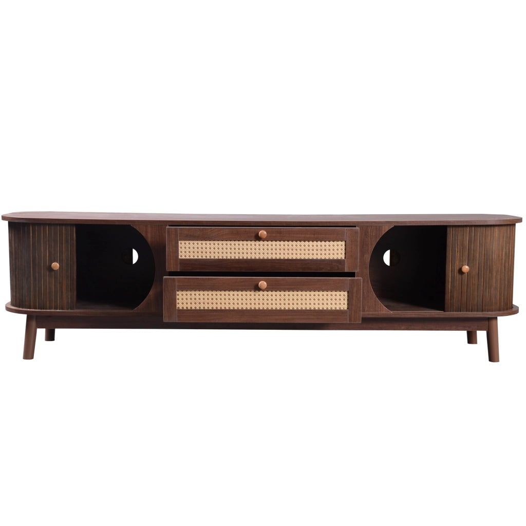 Mobile TV in MDF con ante in legno e cassetti in rattan, 170 x 46 x 39,5 cm, colore legno naturale