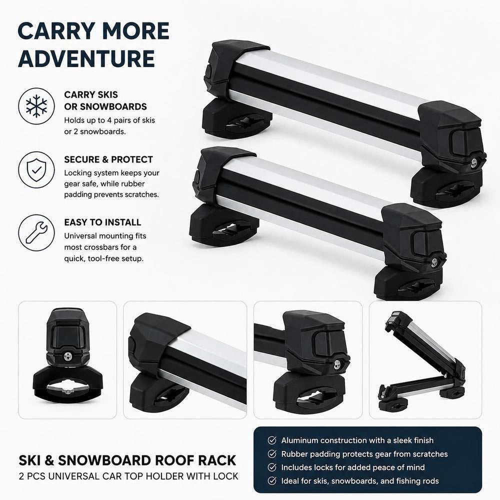 Skiboard/snowboard Roof Rack For Up To 4 Pairs Of Skis / 2 Snowboards, 2 X Lockable Ski Roof Racks With Rubber Padding, Ski Holder Carrier For Most Crossbars (465 Mm Loading Width)