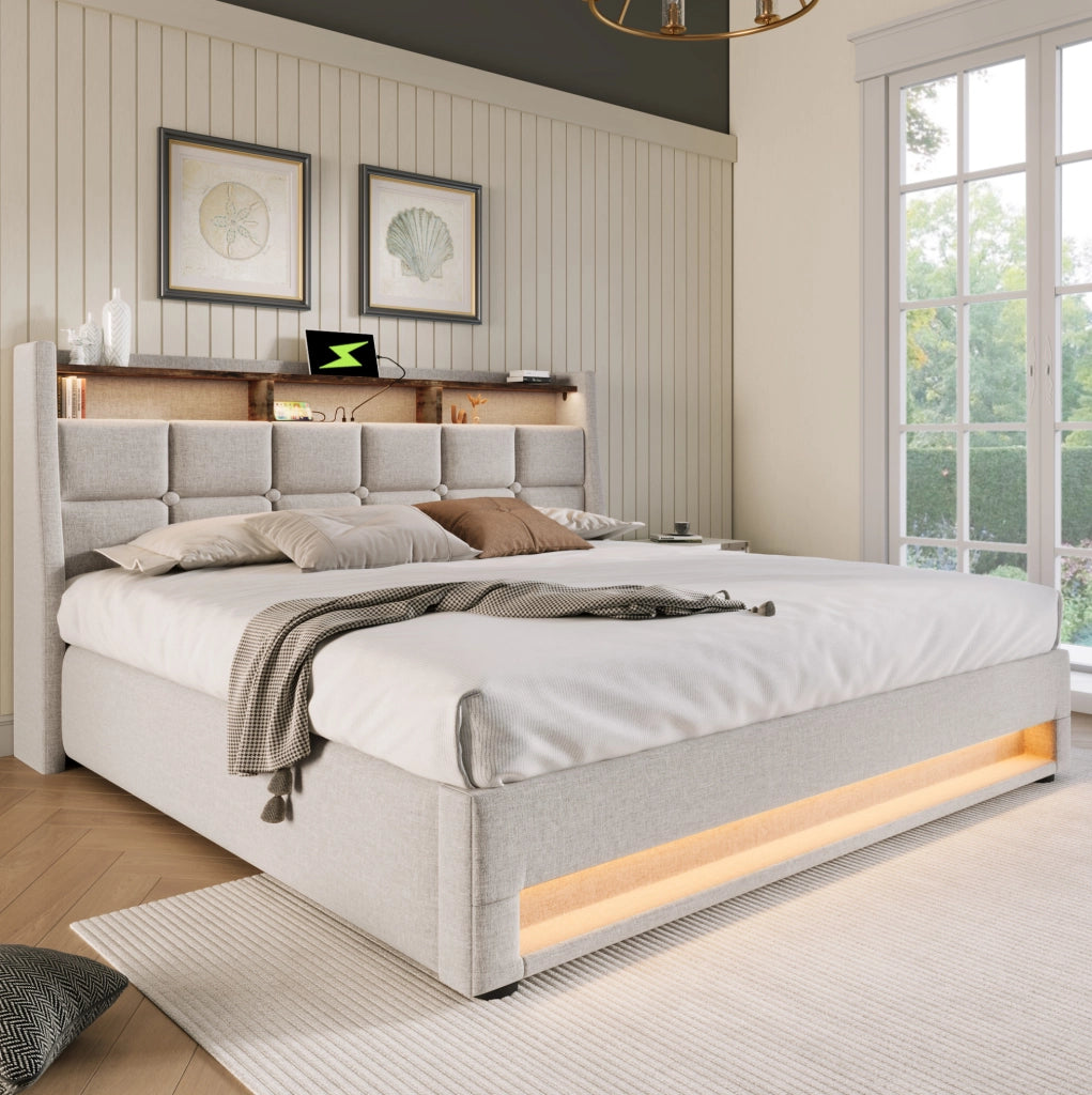 Letto imbottito 140x200 cm con LED, USB e contenitore