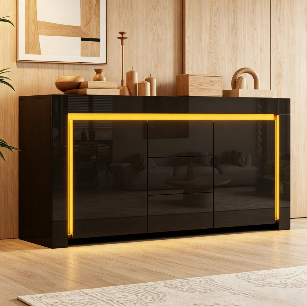 Sideboard nero lucido con LED, 2 ante e 3 cassetti 140 cm