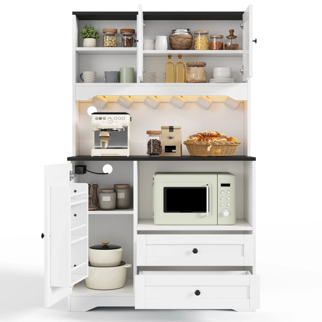 Armadio da cucina alto 100x40x163 cm con illuminazione LED, prese e USB, spazio microonde, ripiani regolabili e portaspezie. Per cucina, sala da pranzo e soggiorno