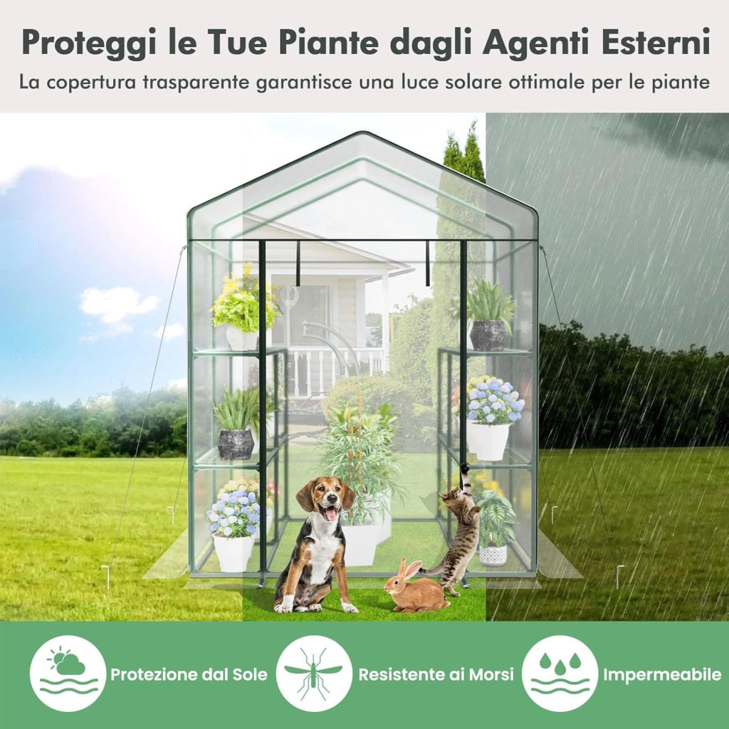 Serra da Giardino con 8 Ripiani, Telo Trasparente in PVC, Porta Avvolgibile con Cerniera, Telaio in Acciaio Robusto e Anticorrosione, Serra da Esterno per Piante, Fiori e Frutta