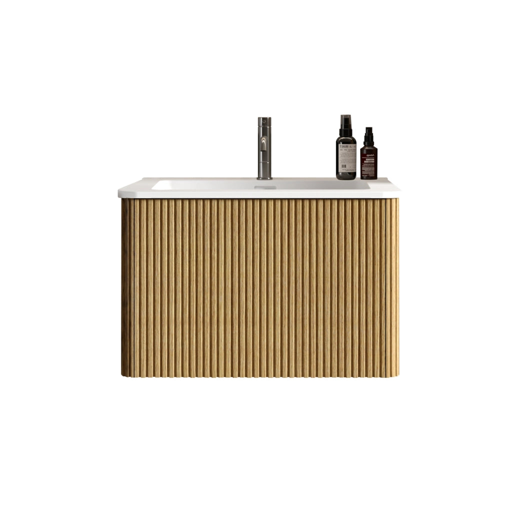 Mobile bagno sospeso 60 cm con lavabo in mineralguss e design a scanalature, colore quercia naturale, preassemblato