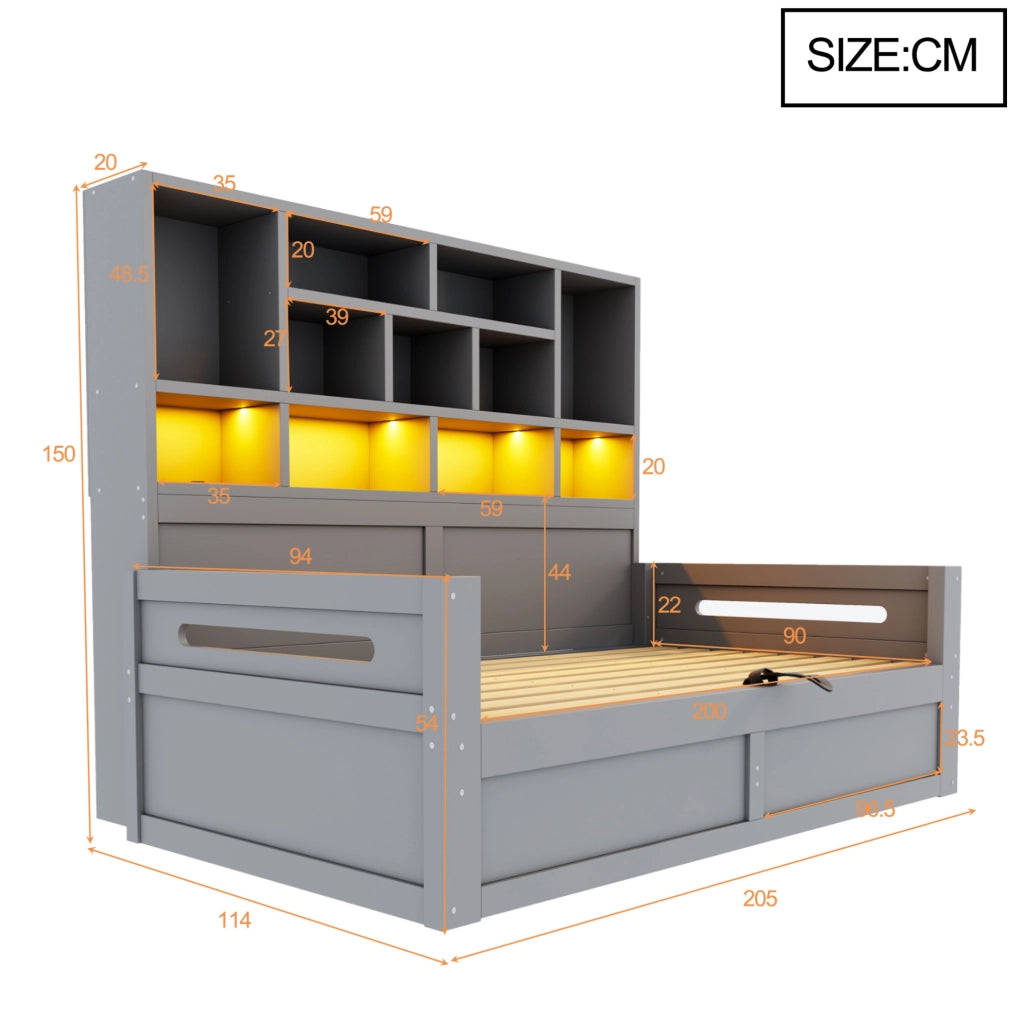 Multifunktionsbett 90x200 cm con contenitore idraulico; LED e prese; MDF; grigio