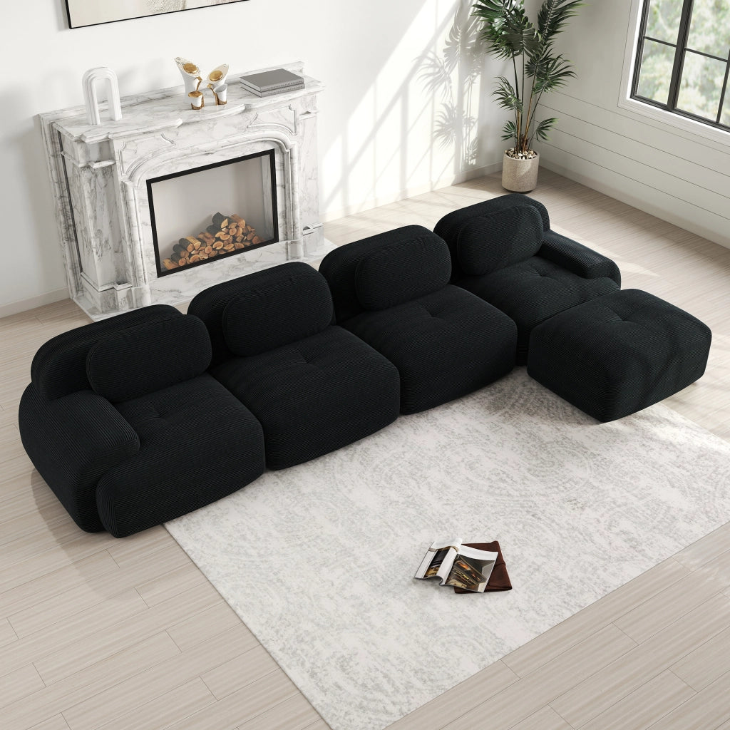 Divano Angolare 4 Posti con Chaise Longue ¨C MINIMAL ¨C Nero, Braccioli Extra Larghi, Tessuto