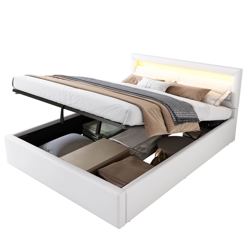 Letto imbottito con luce LED e contenitore 140 x 200 cm bianco